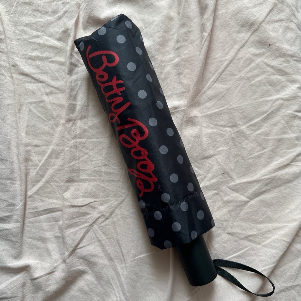 Betty Boop Black Polka Dot Travel Umbrella with Red Script